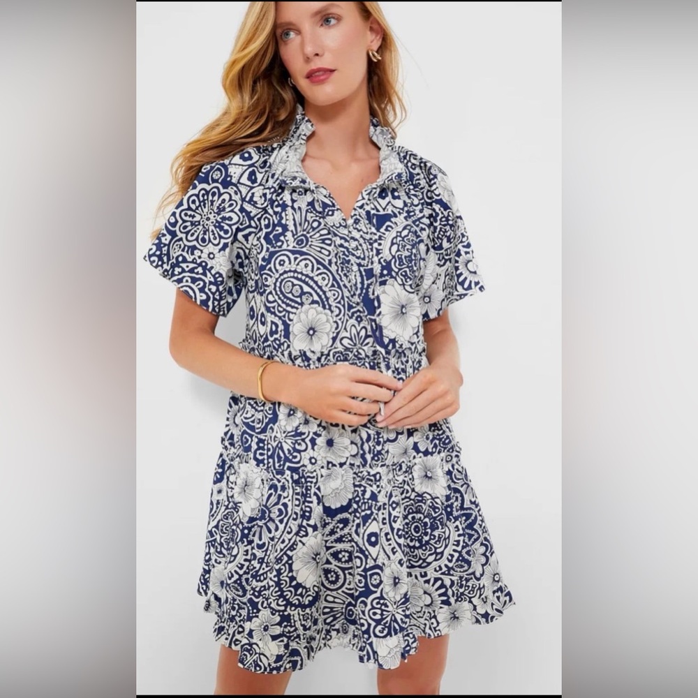 Hyacinth House Navy & White Ruffle-Neck Dress